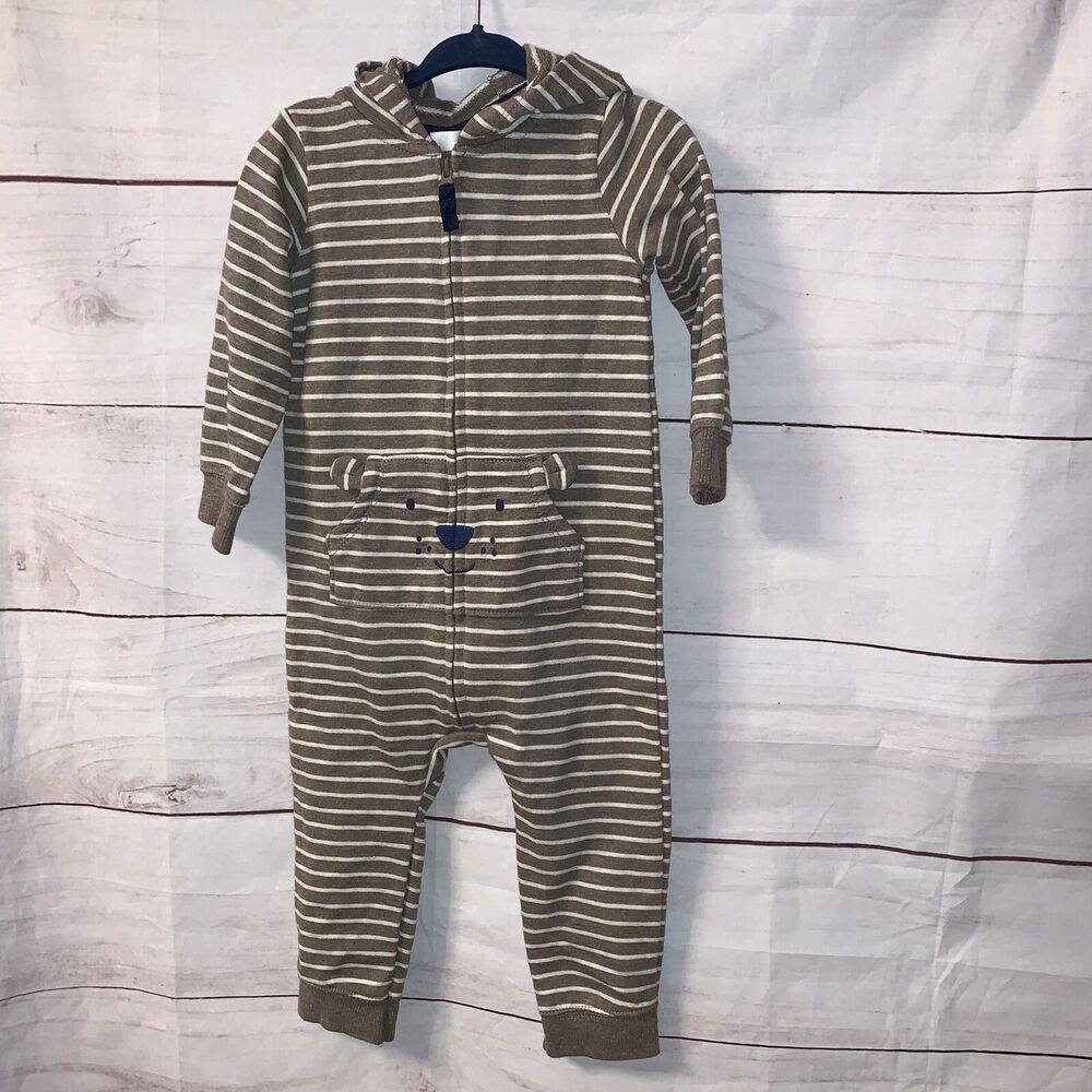 Carter’s overall jumpsuit hood striped brown bear cotton zip Toddler Unisex 18M